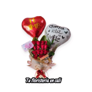 bouquet en rosas rojas globo y chocolates