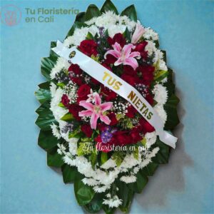 Ramo fúnebre en pedestal y rosa roja 07